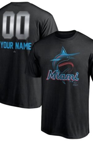 Miami Marlins Personalized Any Name & Number Midnight Mascot T-Shirt - Black
