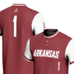 A Red Softball jersey against a White Background.
