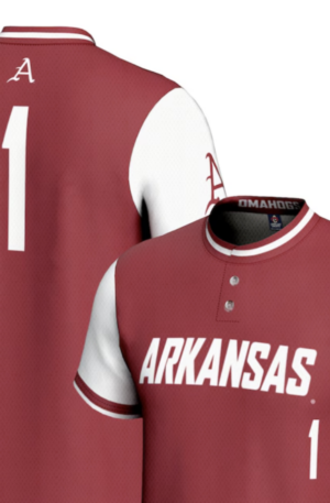 A Red Softball jersey against a White Background.