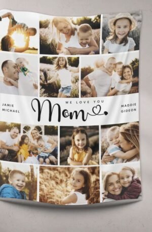 Mom We Love you Hearts Modern Photo Collage Fleece Blanket