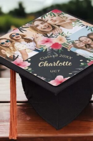 Name 3 photos pink red floral glitter graduate graduation cap topper