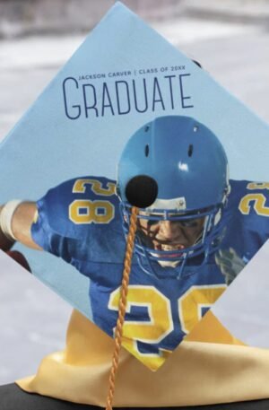 Blue Script Overlay Graduate Photo Football Player Graduation Cap Topper