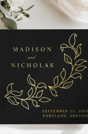 Cascading Black and Gold Foil Leaves Photo Wedding Foil Guest Book