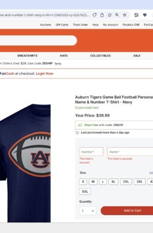 Auburn Tigers Game Ball Football Personalized Name & Number T-Shirt - Navy