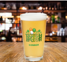 Irish Green Clover Personalized Last Name Beer Glass