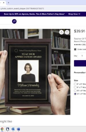Teacher Of The Year Appreciation Photo Custom Award Plaque