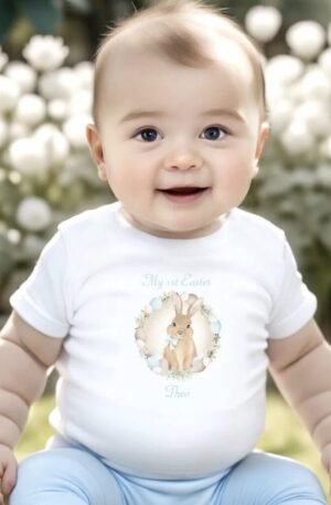 First Easter Cute Bunny Personalized Name Blue Baby T-Shirt