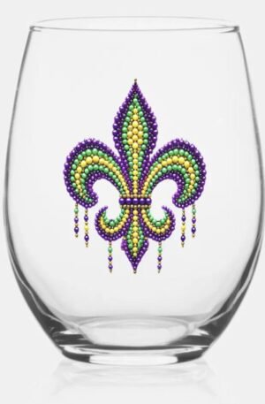 Purple yellow green Mardi Gras fleur de lis Stemless Wine Glass