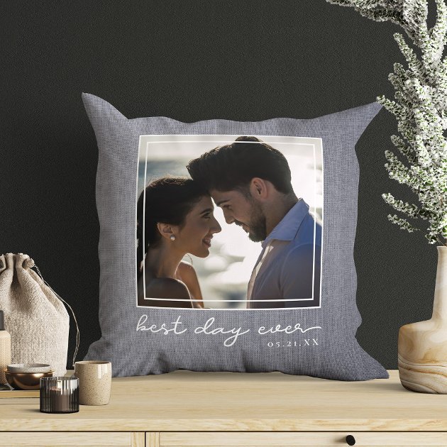 best_day_ever_photo_script_newlywed_wedding_date_throw_pillow