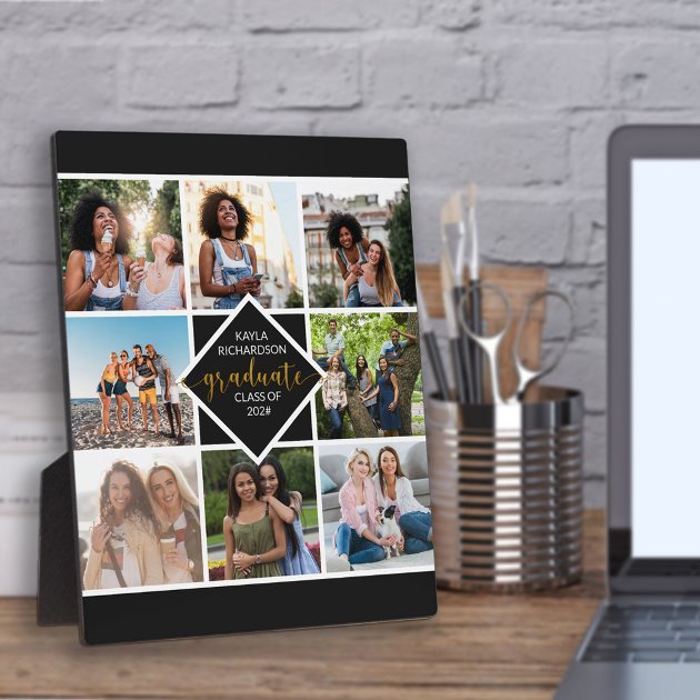 custom_8_photo_grid_collage_gold_graduate_plaque