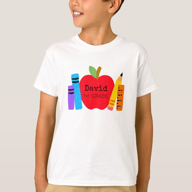 Kids NAME School GRADE T-Shirt kids_name_school_grade_apple_books_pencils_fun_t_shirt