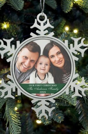 our_first_christmas_family_photo_green_snowflake_pewter_christmas_ornament