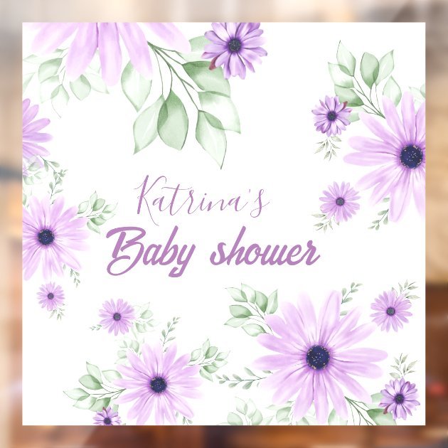 personalized_violet_watercolor_flowers_baby_shower_window_cling