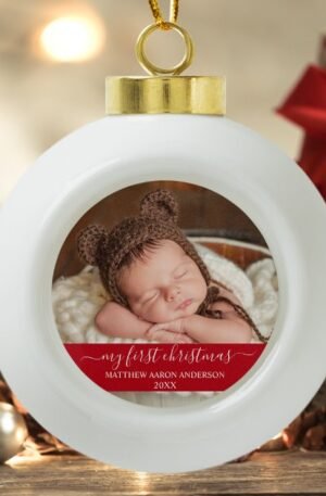 stylish_script_my_first_christmas_baby_red_ceramic_ball_christmas_ornament