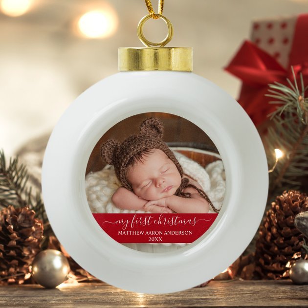 stylish_script_my_first_christmas_baby_red_ceramic_ball_christmas_ornament